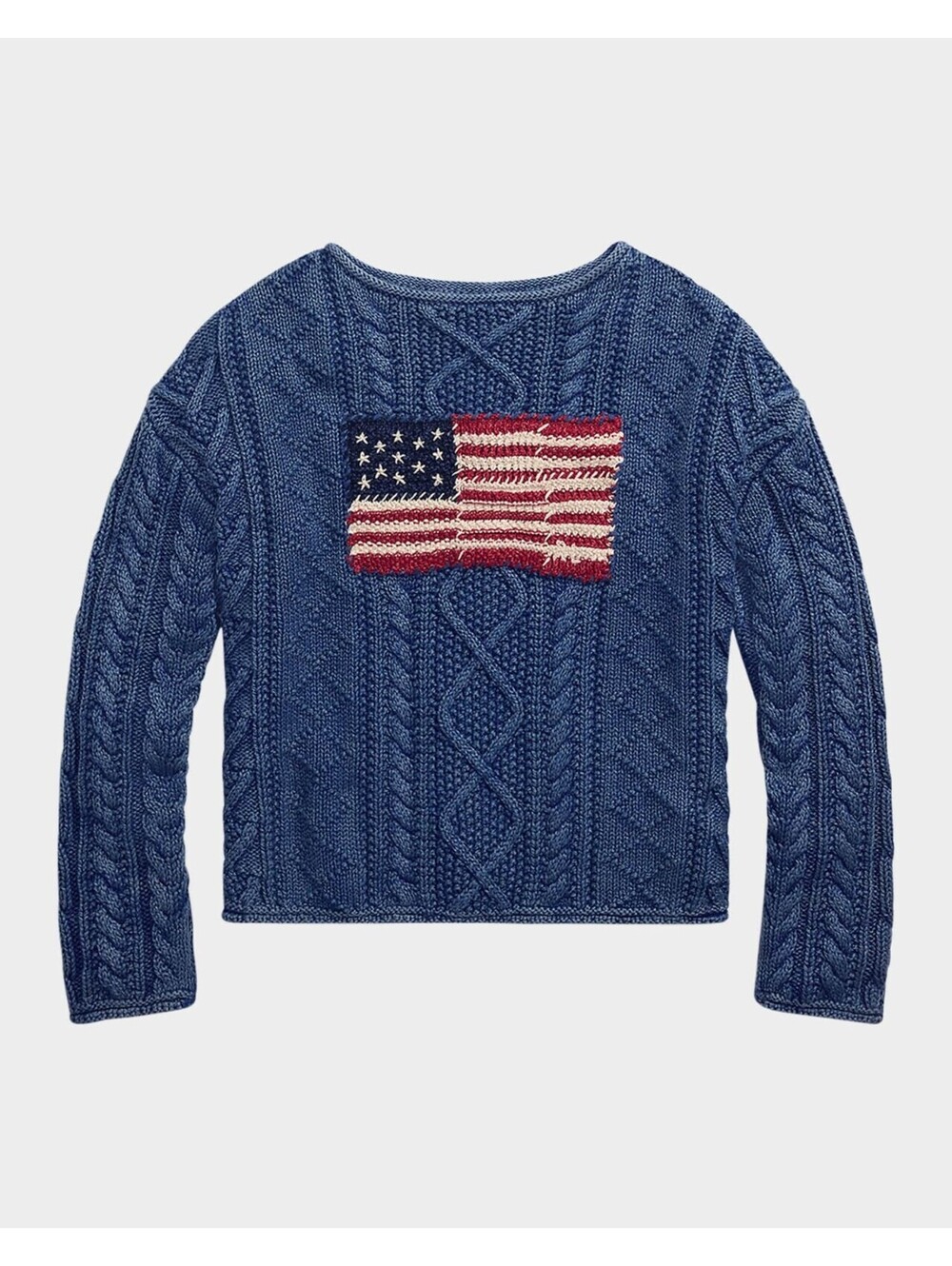 Polo Ralph Lauren USA Flag Sweater Aran-Knit Cotton Indigo multi Blue L - Picture 3 of 4